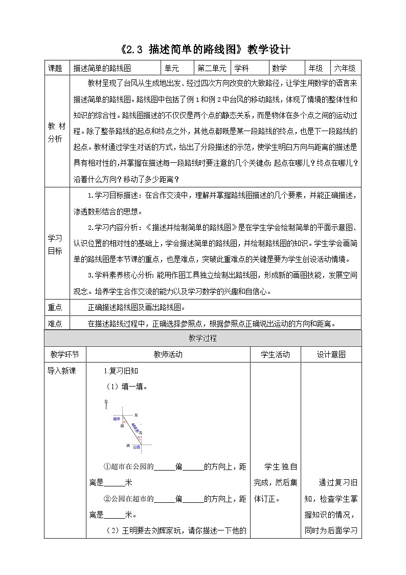 《2.3 描述简单的路线图》教学设计表格式  2025-2026学年小学数学六年级上册人教版第1页