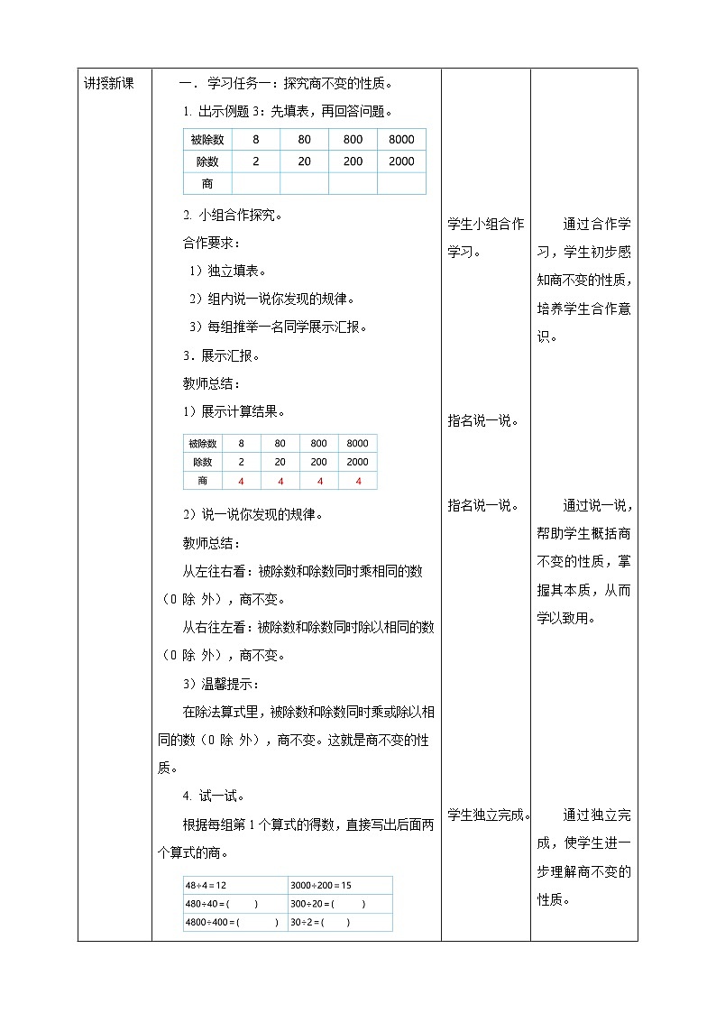 7.7 商不变的性质--教学设计 表格式 2025-2026学年小学数学四年级 上册 西师大版第2页