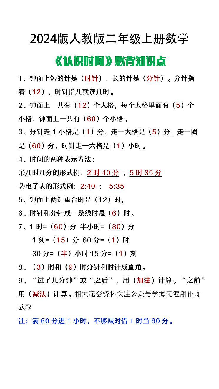 2024版人教版二年级上册数学认识时间必背知识点整理第1页