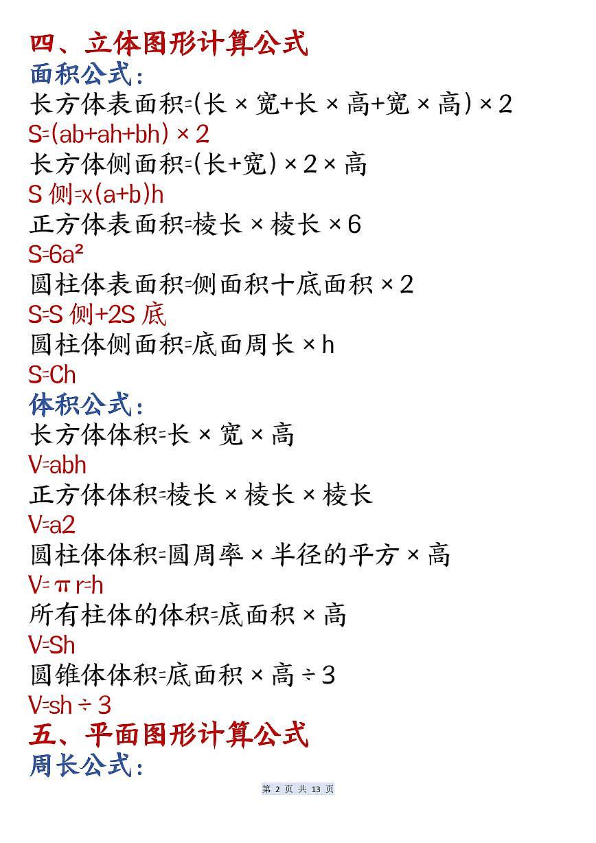 人教版六年级上册数学期末知识点必背公式汇总第2页