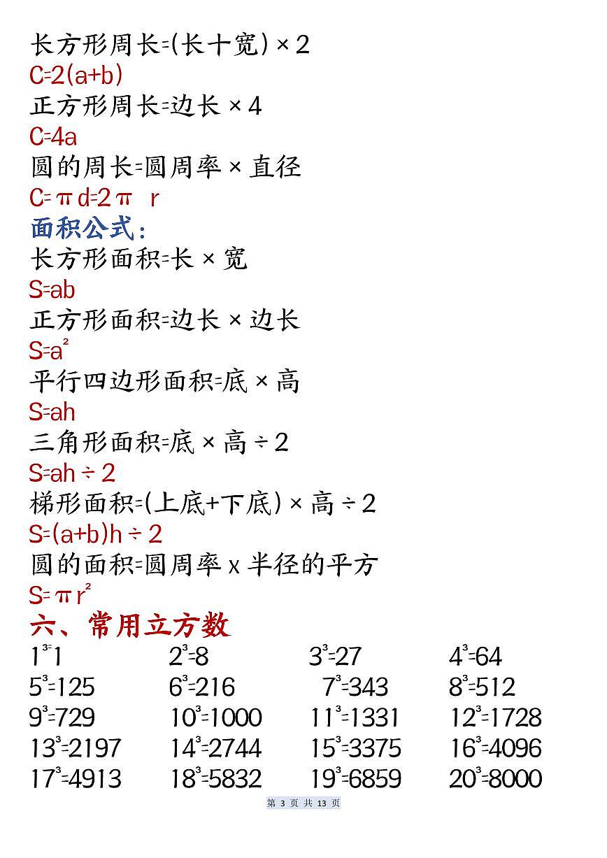 人教版六年级上册数学期末知识点必背公式汇总第3页