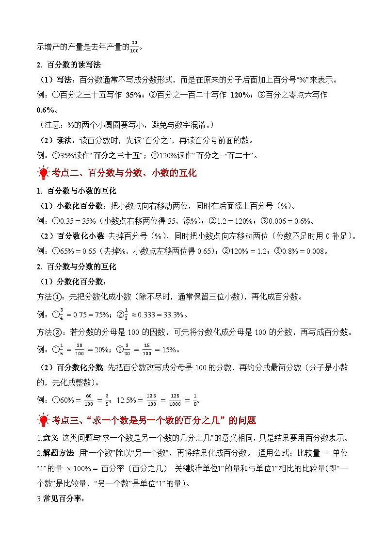 单元复习讲义：专题06 百分数（一）（考点梳理+例题讲解+考点练习）-2025-2026学年六年级上册数学人教版（解析版）第2页