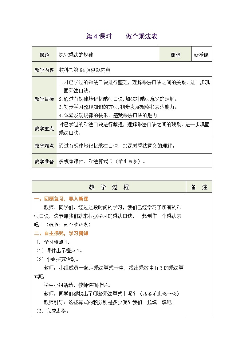 7.4  做个乘法表（表格式教案） -2025-2026学年二年级上册数学北师大版（2024）第1页