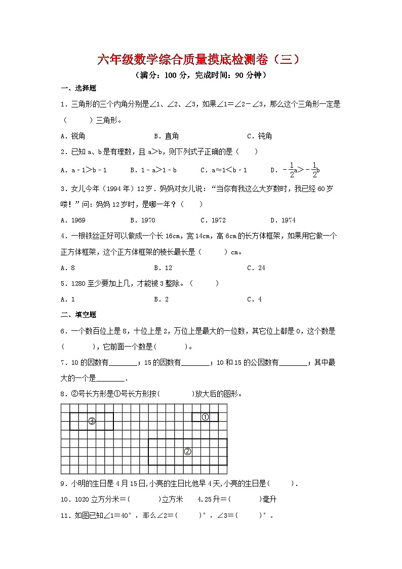 2025六年级小升初数学综合质量摸底检测卷（三）（详细解析）第1页