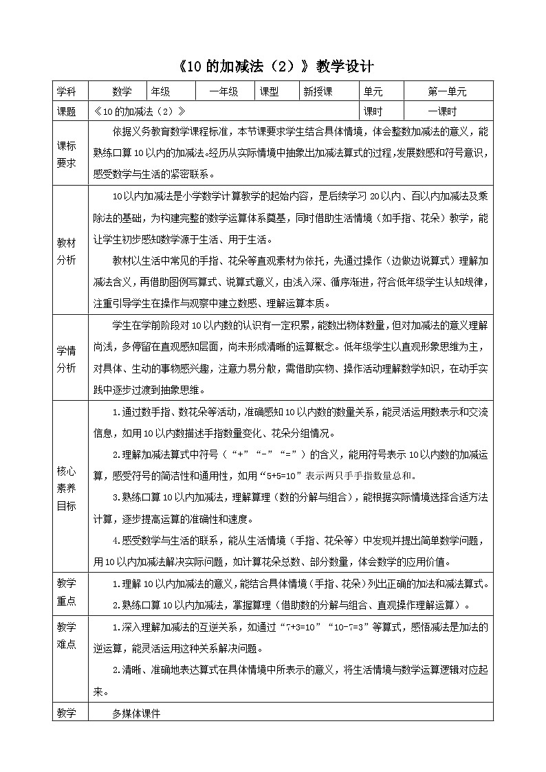 1.17《10的加减法（2）》（教案） -2025-2026学年一年级数学上册 冀教版第1页
