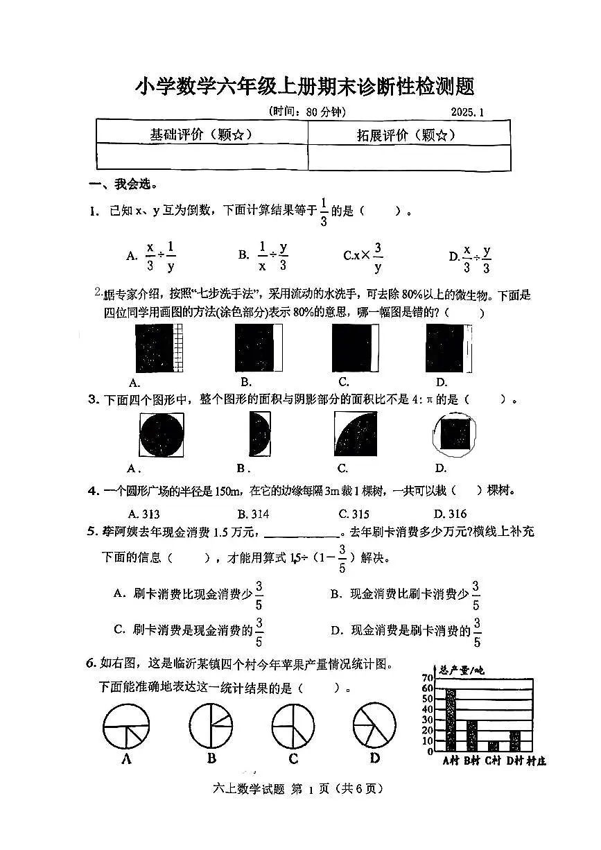 山东省临沂市莒南县2024-2025学年六年级上学期期末数学试题及答案第1页