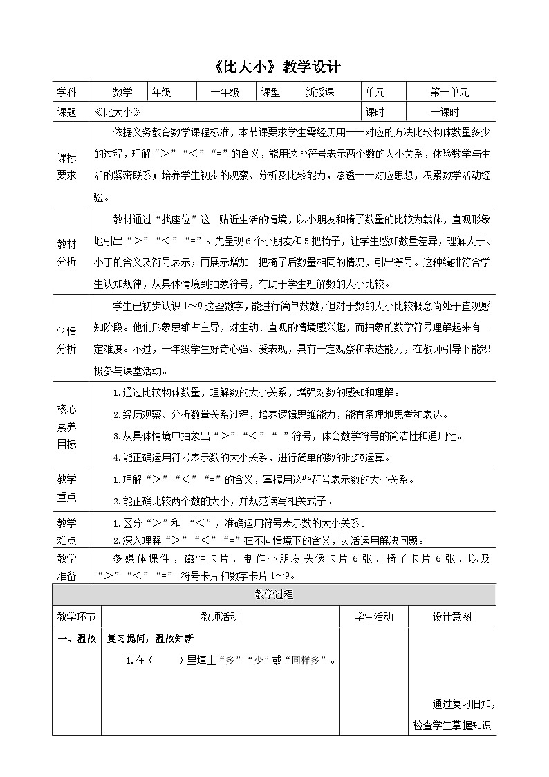 1.4《比大小》表格式（教案） -2025-2026学年一年级数学上册 冀教版第1页