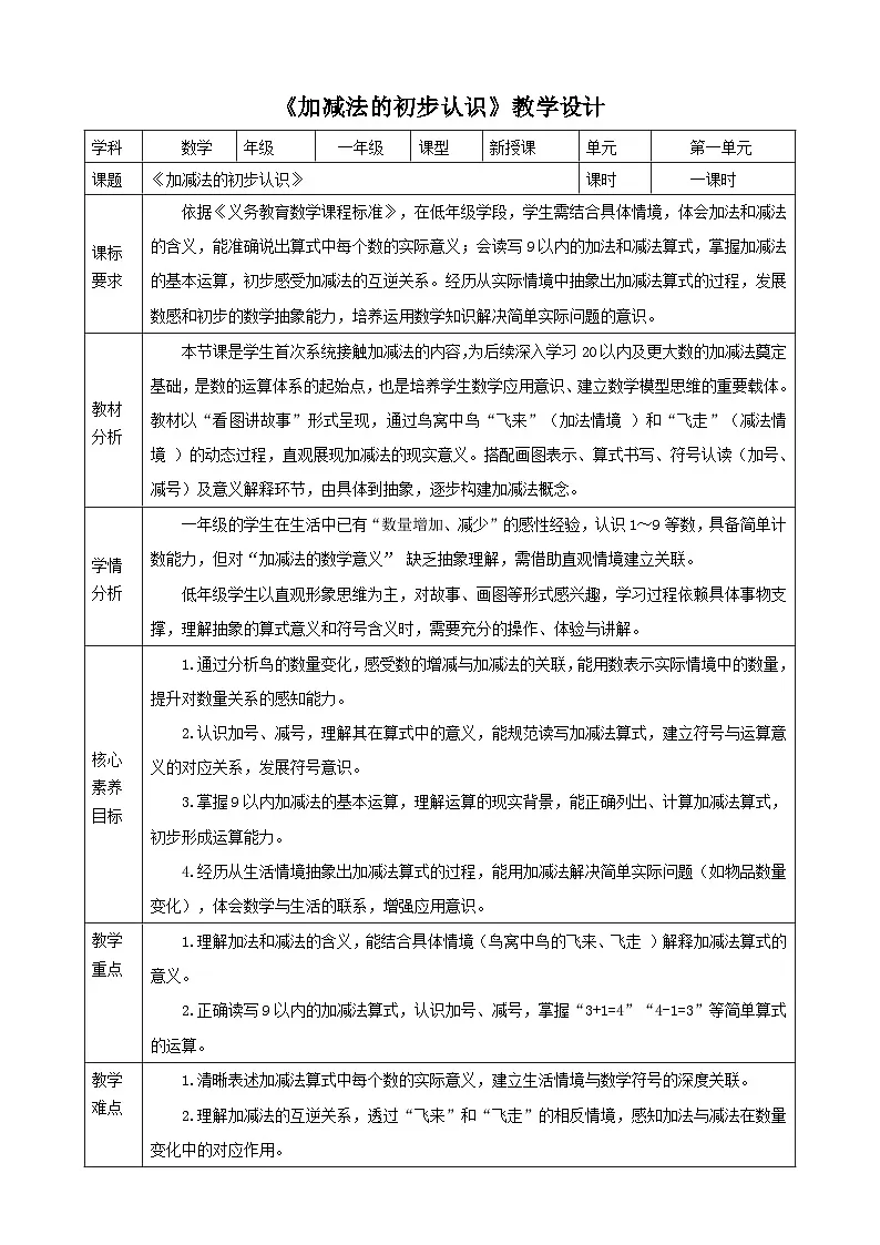 1.8《加减法的初步认识》表格式（教案） -2025-2026学年一年级数学上册 冀教版第1页