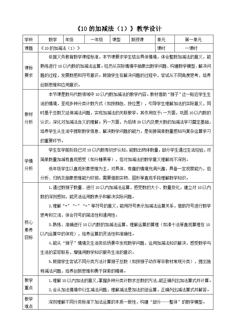 1.16《10的加减法（1）》表格式（教案） -2025-2026学年一年级数学上册 冀教版第1页