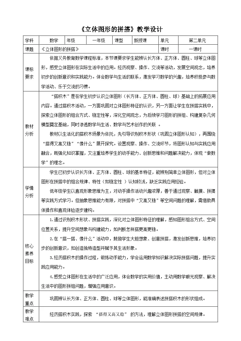 2.2《立体图形的拼搭》表格式（教案） -2025-2026学年一年级数学上册 冀教版第1页