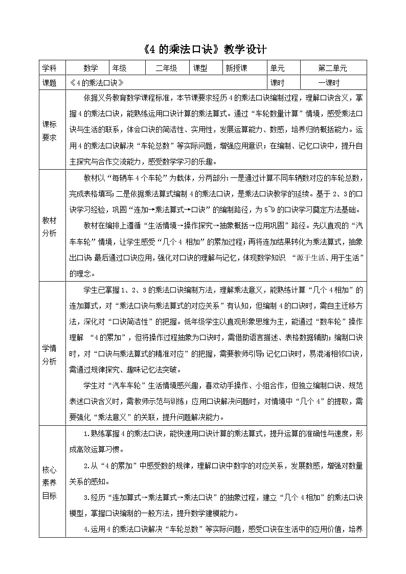2.5《4的乘法口诀》表格式（教案） -2025-2026学年二年级数学上册 西师大版第1页