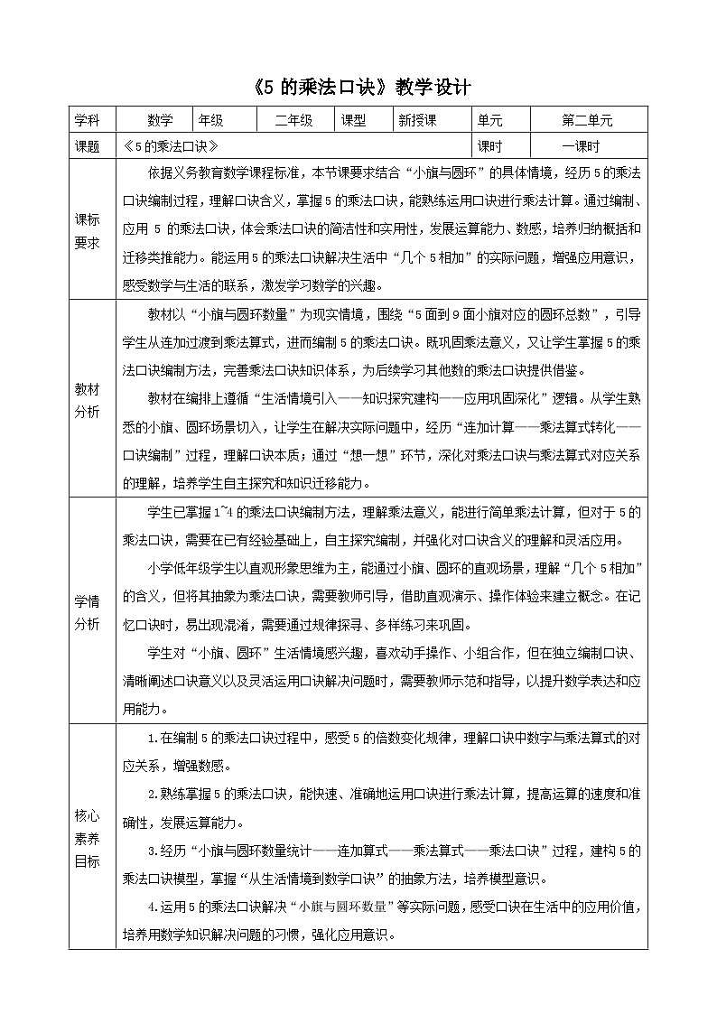 2.6《5的乘法口诀》表格式（教案） -2025-2026学年二年级数学上册 西师大版第1页
