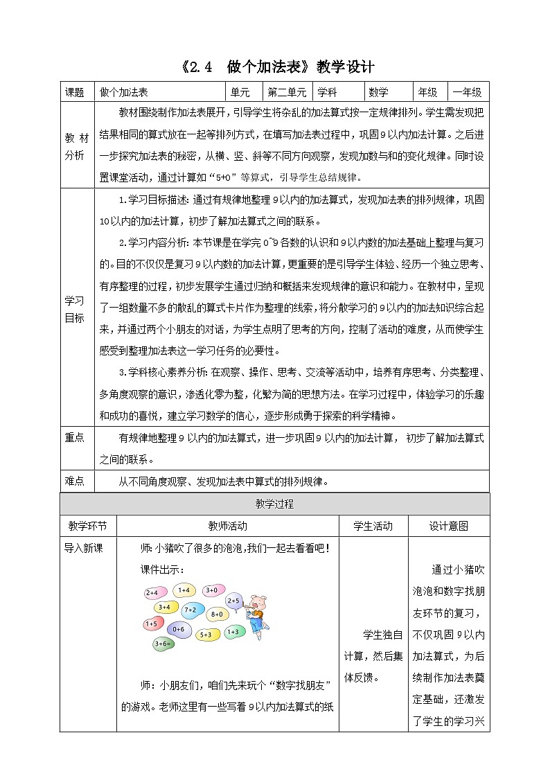 2.4《做个加法表》表格式（教案）-2025-2026学年一年级数学上册 西师大版第1页