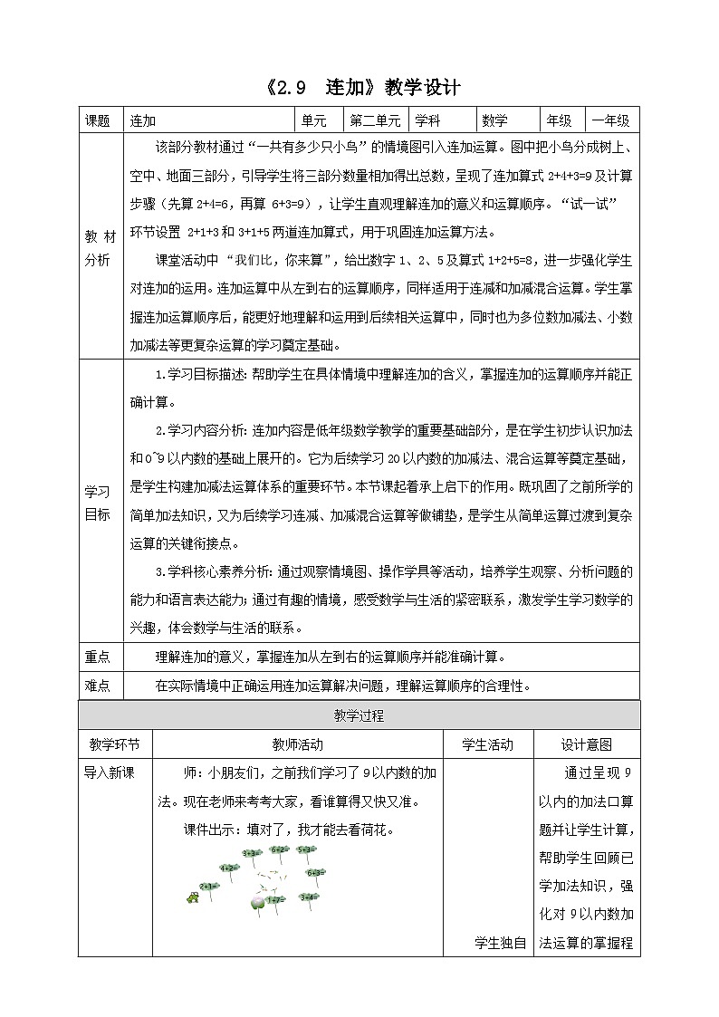 2.9《连加》表格式（教案）-2025-2026学年一年级数学上册 西师大版第1页