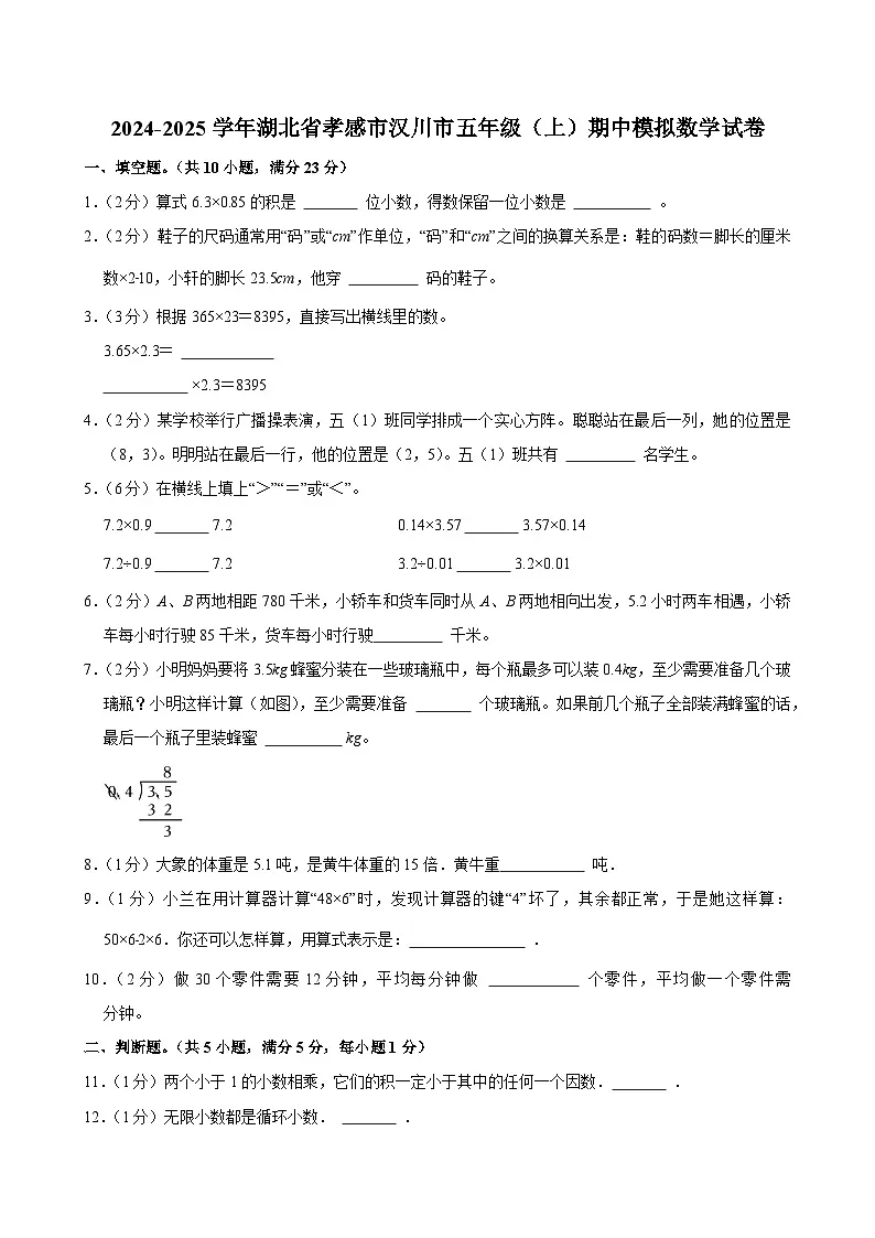 2024-2025学年湖北省孝感市汉川市五年级（上）期中模拟数学试卷第1页