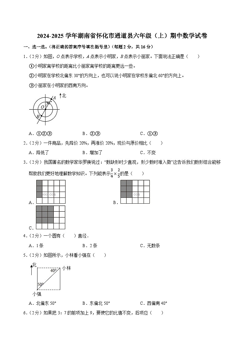 2024-2025学年湖南省怀化市通道县六年级（上）期中数学试卷第1页