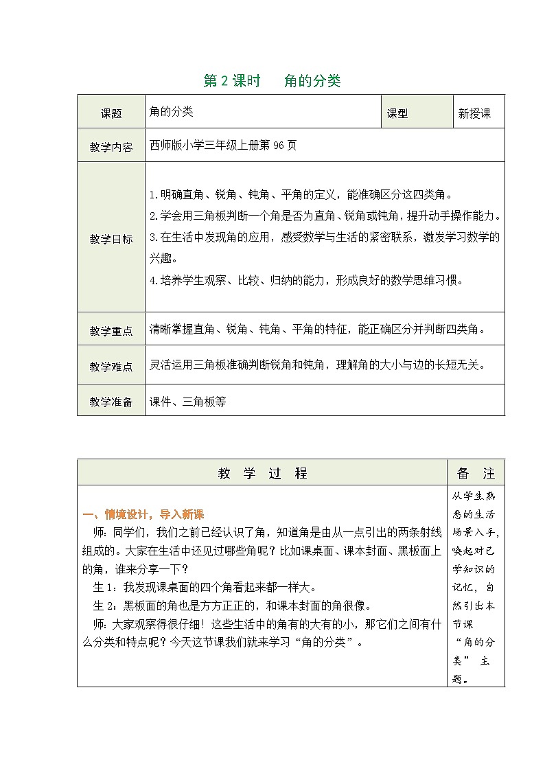 西师大版（2024）数学三年级上册 6.2 初步认识角 第2课时  角的分类（表格式教案）第1页