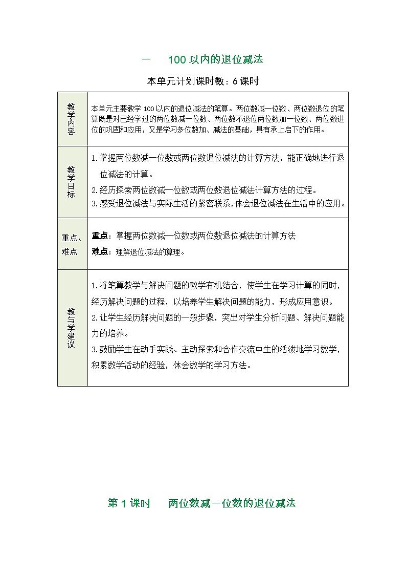 西师大版（2024）数学二年级上册 1.1 两位数减一位数的退位减法（表格式教案）第1页