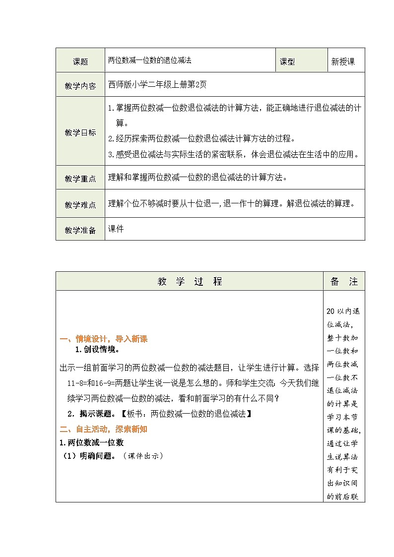 西师大版（2024）数学二年级上册 1.1 两位数减一位数的退位减法（表格式教案）第2页