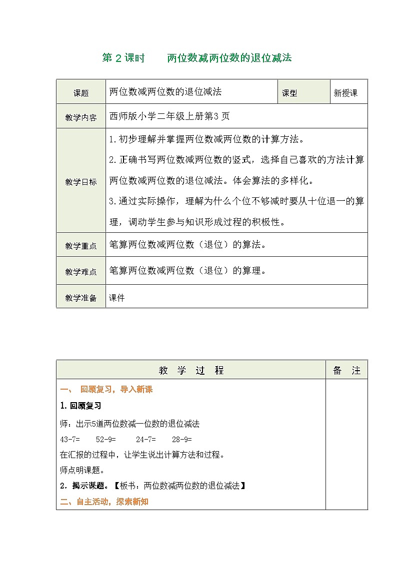 西师大版（2024）数学二年级上册 1.2 两位数减两位数的退位减法（表格式教案）第1页