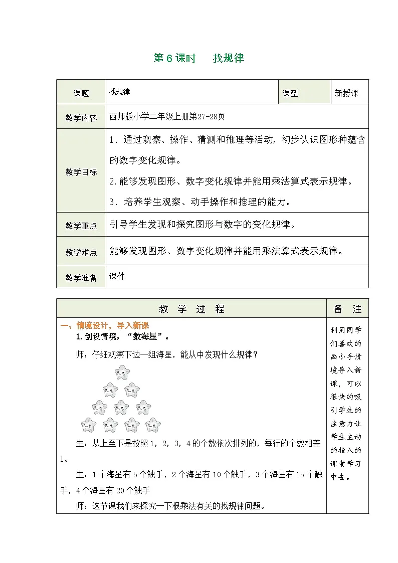 西师大版（2024）数学二年级上册 2.2 1~5的乘法口诀 第6课时 找规律（表格式教案）第1页