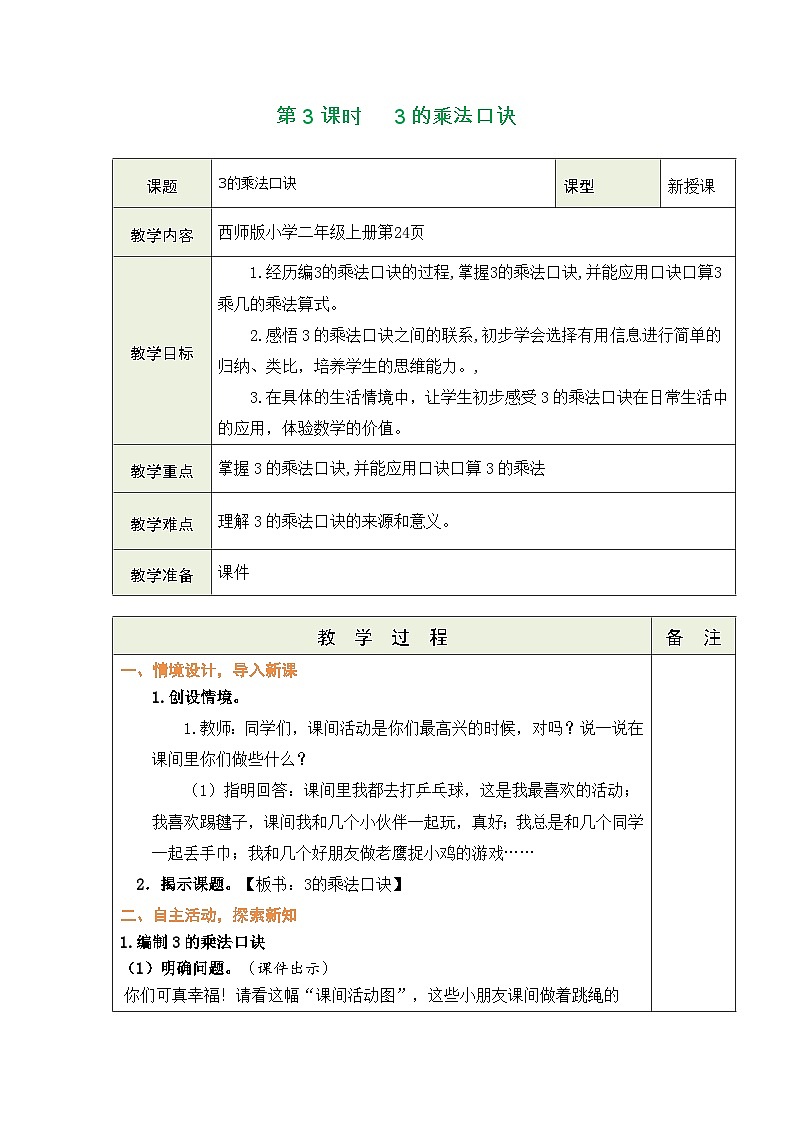 西师大版（2024）数学二年级上册 2.2 1~5的乘法口诀 第3课时  3的乘法口诀（表格式教案）第1页