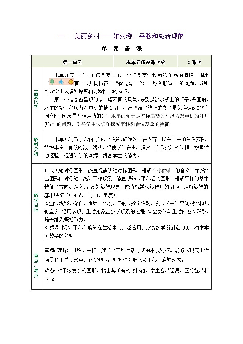 青岛版（五四学制）（2024）数学三年级上册 1.1  轴对称图形（表格式教案）第1页