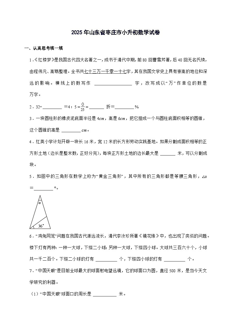 [小升初]2025年山东省枣庄市六年级下册数学试题[附答案]第1页