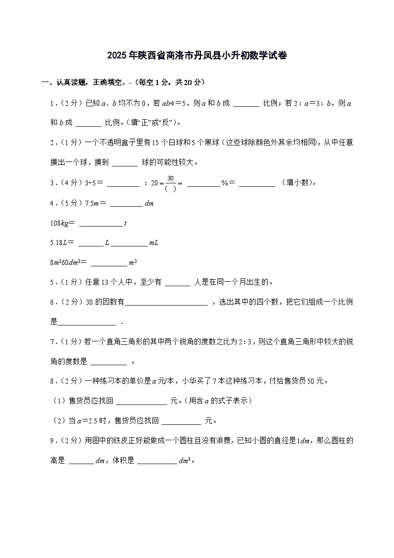 [小升初]2025年陕西省商洛市丹凤县六年级下册数学试题[附答案]第1页