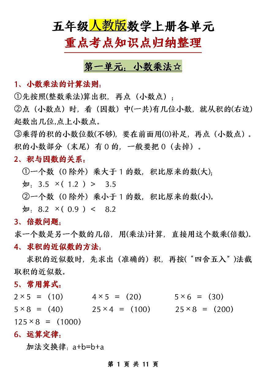 五年级上册人教版数学各单元知识点归纳整理第1页