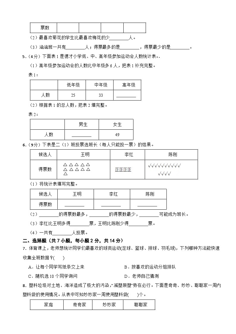 三年级数学上册第三单元 数据的收集与整理 单元测试题（A卷） 苏教版（2024）第2页