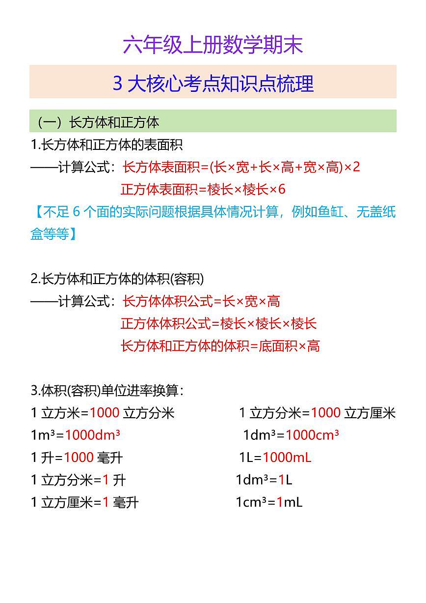 六年级上册数学期末3大核心考点知识点梳理第1页