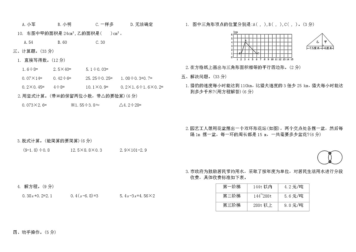 人教版五年级数学上学期期末冲刺卷(C)（含答案）第2页