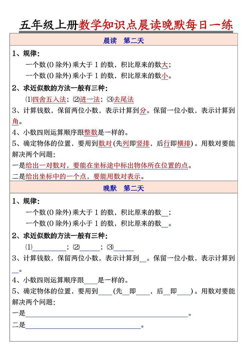 五年级上册通用版数学期末知识点晨读晚默每日一练含答案第2页