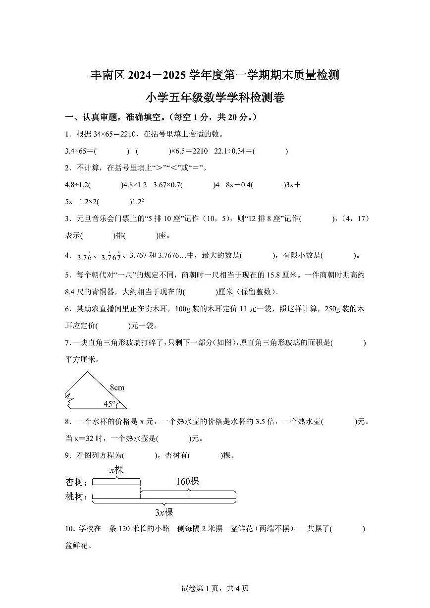 2024~2025学年河北省唐山市丰南区人教版五年级上学期期末数学检测试题（附答案）第1页