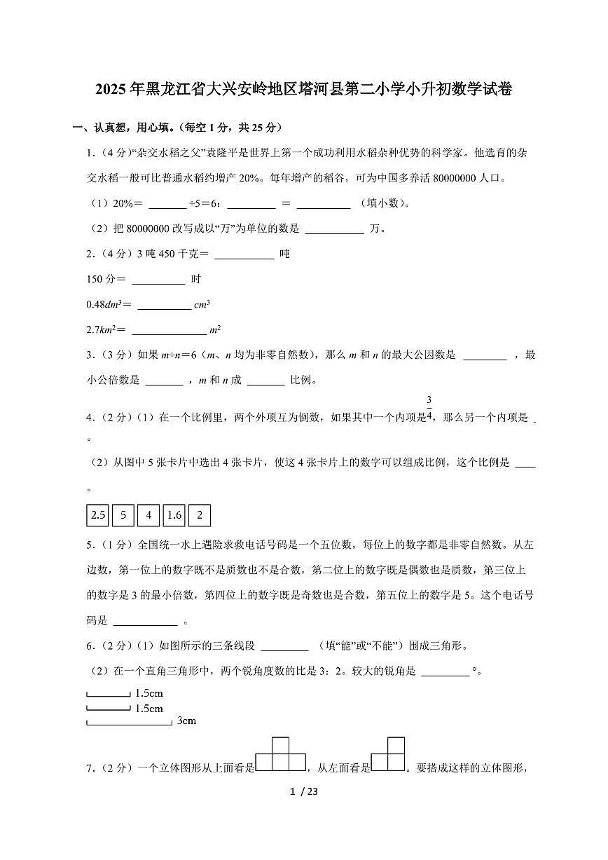 【小升初】2025年黑龙江省大兴安岭地区塔河县第二小学六年级下册期末数学试题【附答案】第1页