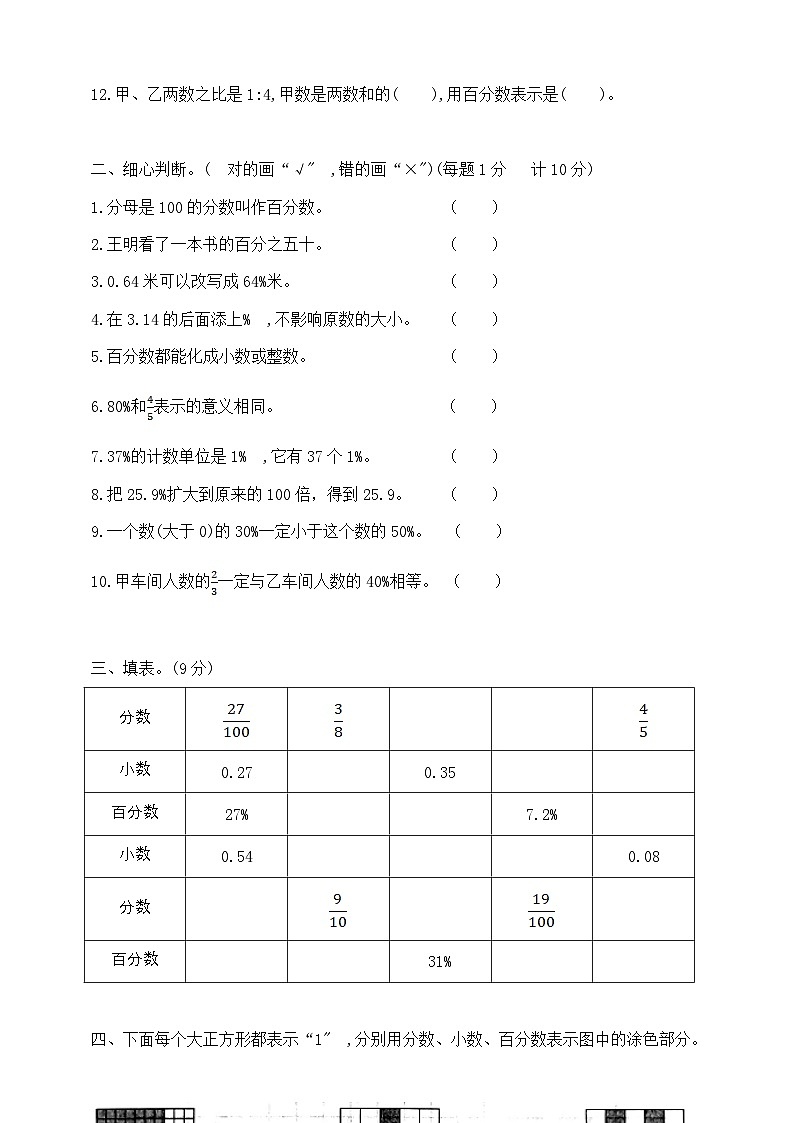 六年级上册数学第十一周(百分数的意义和读写一百分数与分数小数的互化)周周练  苏教版   含答案第2页
