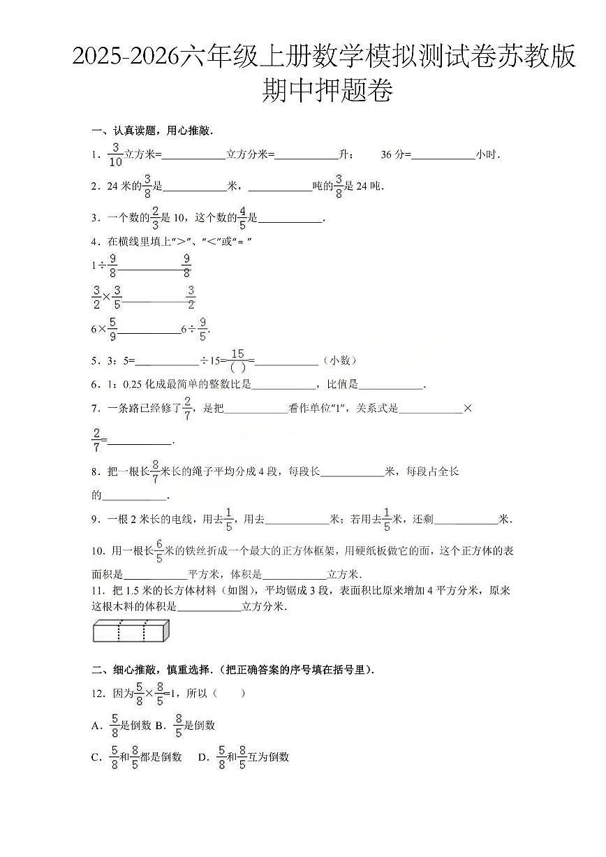 2025-2026学年六年级上学期数学期中模拟测试卷苏教版第1页