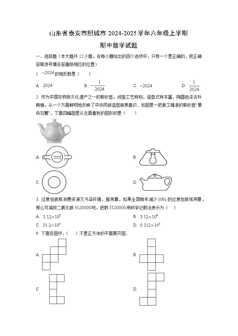 山东省泰安市肥城市2024-2025学年六年级上学期期中数学试卷（学生版）第1页