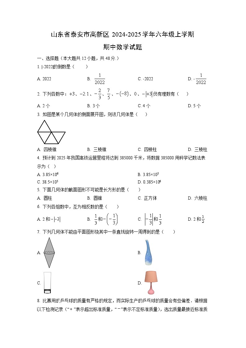 山东省泰安市高新区2024-2025学年六年级上学期期中数学试卷（学生版）第1页