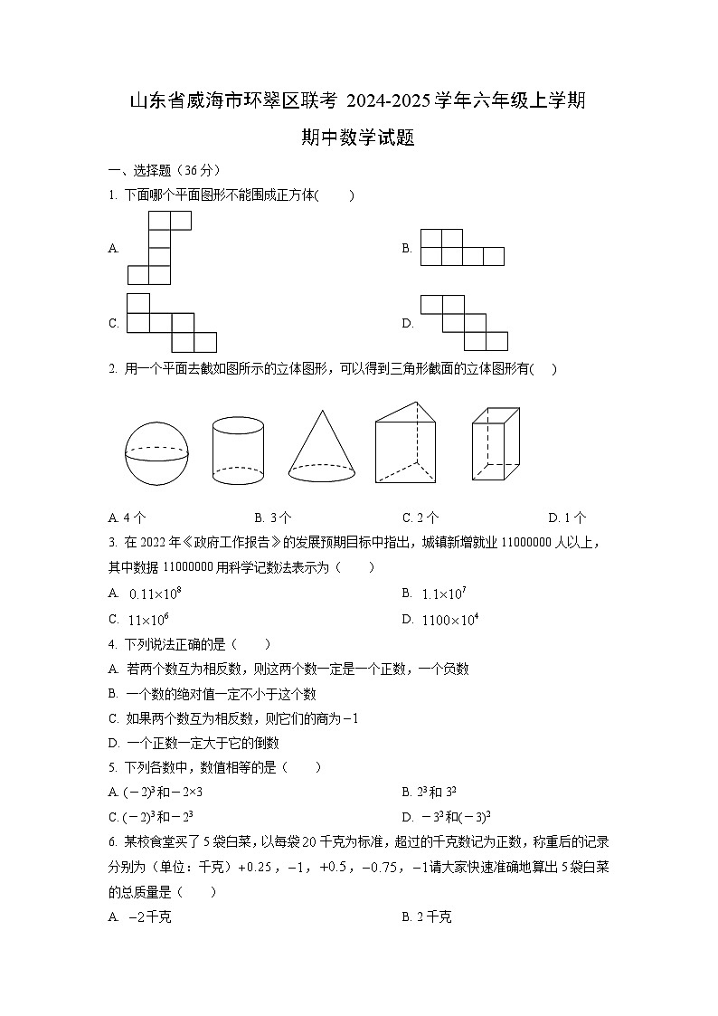 山东省威海市环翠区联考2024-2025学年六年级上学期期中数学试卷（学生版）第1页