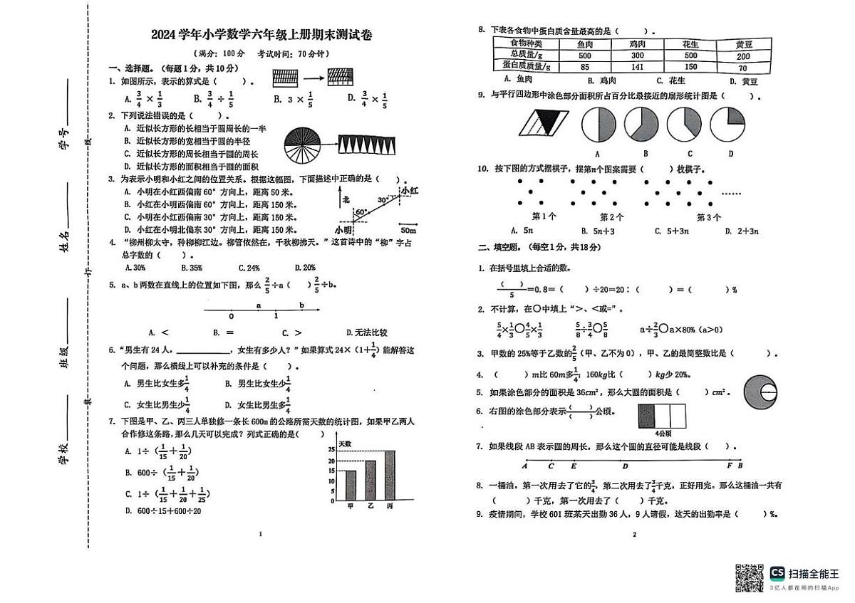 浙江省台州市温岭市2024-2025学年六年级上学期期末数学试题第1页