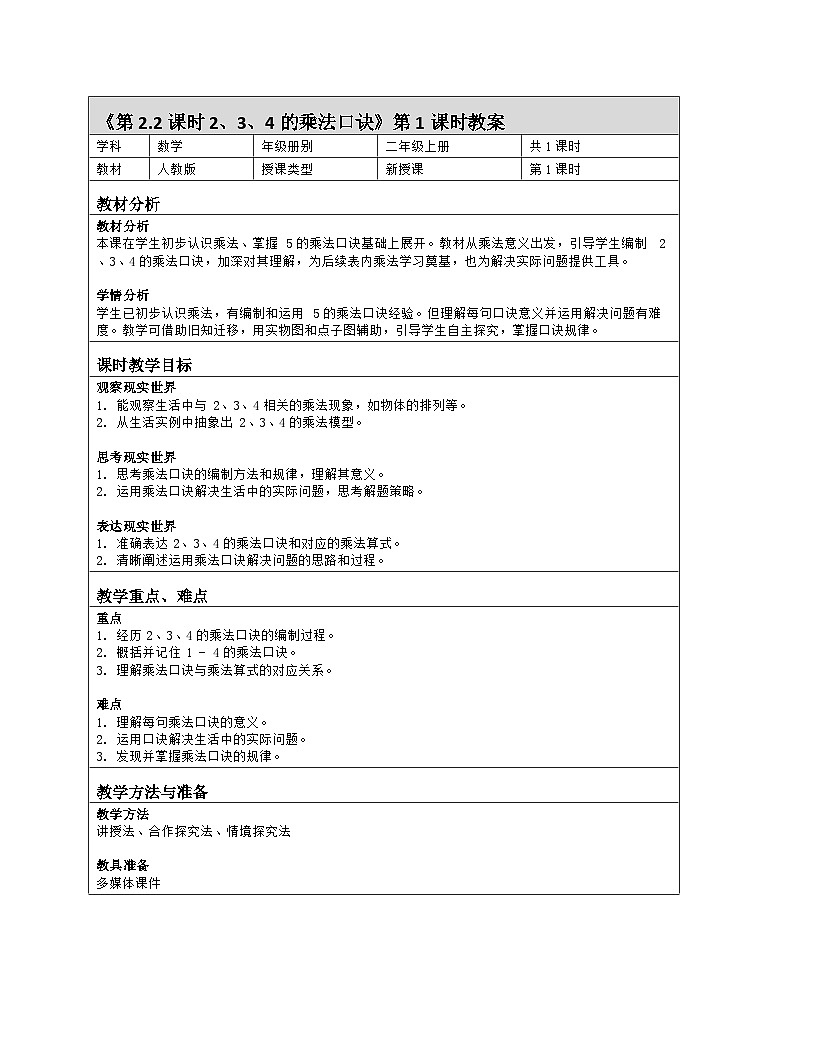 教案第2课时  2、3、4的乘法口诀第1页