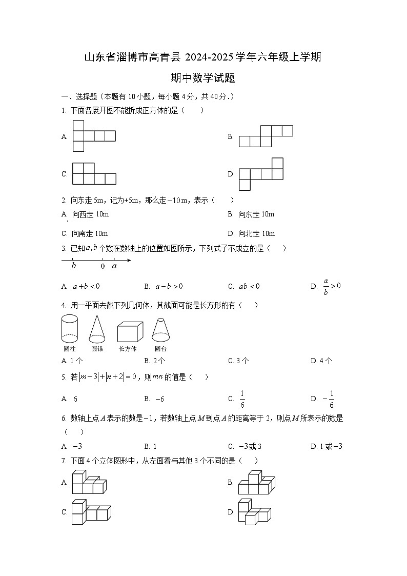 山东省淄博市高青县2024-2025学年六年级上学期期中数学试卷（学生版）第1页
