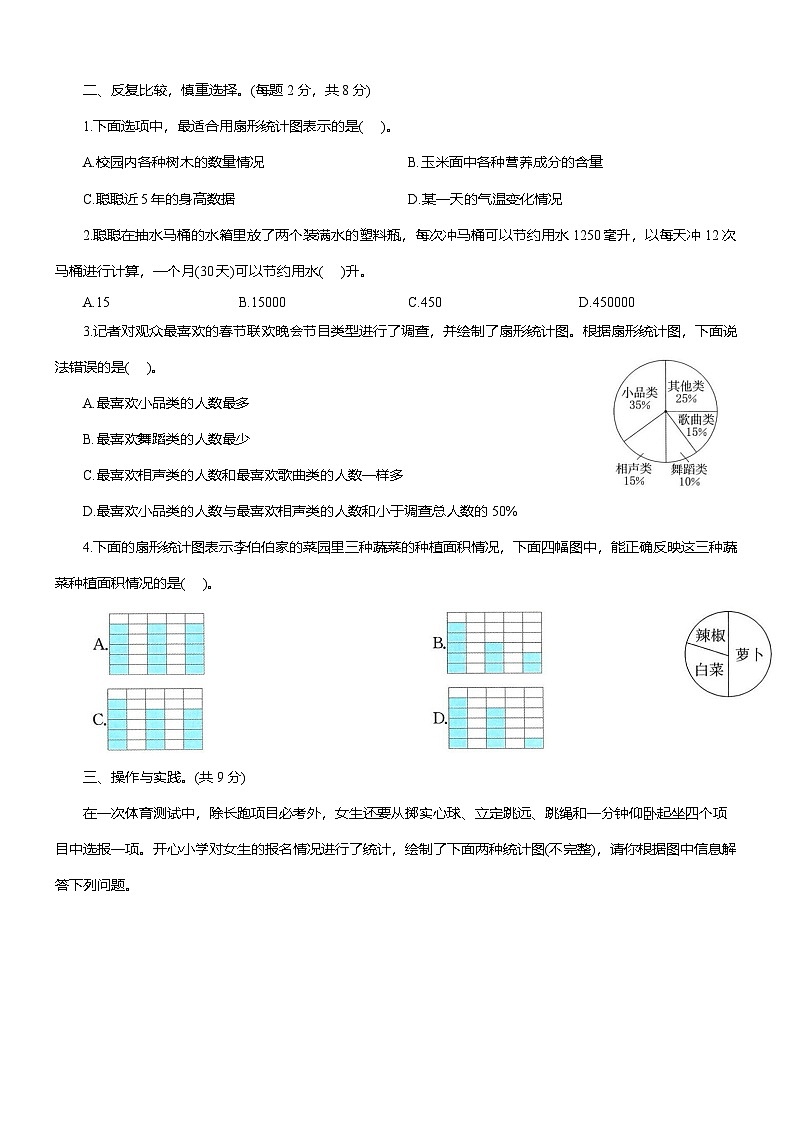人教版六年级数学上册第 12 周 周测（扇形统计图的认识 选择合适的统计图 节约用水）（含答案）第2页