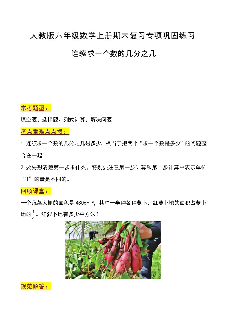 第三讲   连续求一个数的几分之几（考点重难点）-2023-2024学年度六年级数学上册期末复习专项讲练习含答案（人教版）第1页
