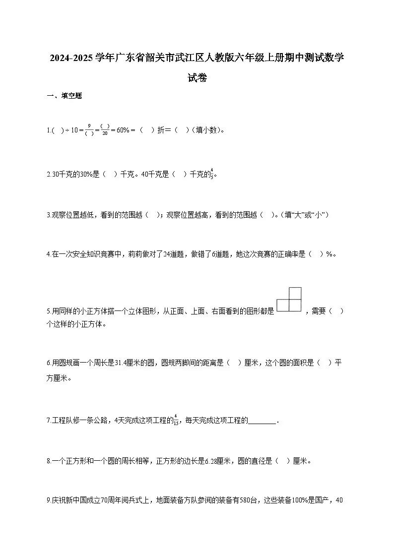 2024-2025学年广东省韶关市武江区人教版六年级上册期中测试数学试卷第1页