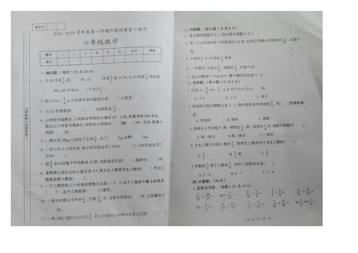 甘肃省定西市陇西县2024-2025学年六年级上学期期中数学试卷第1页