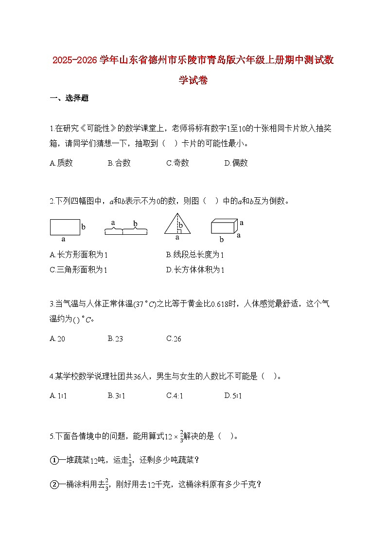 2025~2026学年山东省德州市乐陵市青岛版六年级上学期期中数学试题【附解析】第1页
