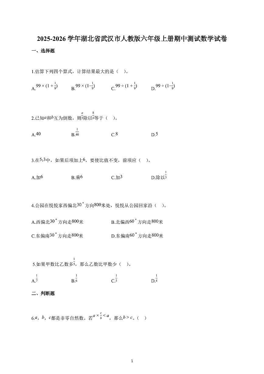 2025-2026学年湖北省武汉市人教版六年级上册期中数学试卷（含解析）第1页